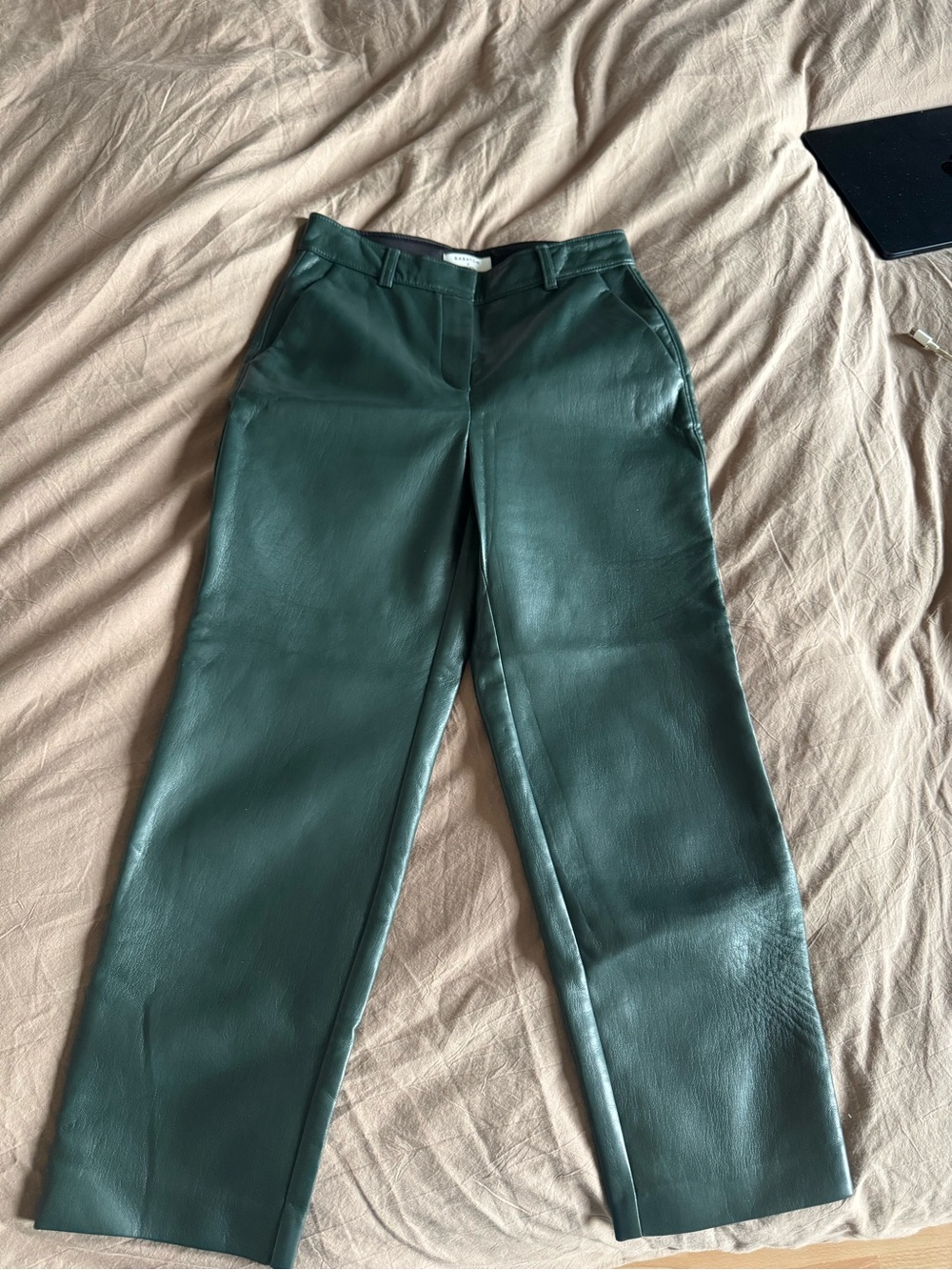 Babaton Dark Green Leather Straight-Leg Pants